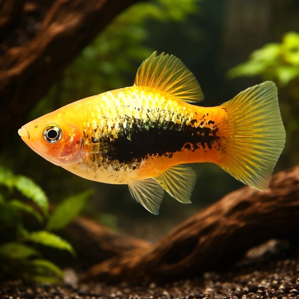 Xiphophorus maculatus yellow tuxedo - Yellow tuxedo — AI hero driftwood view
