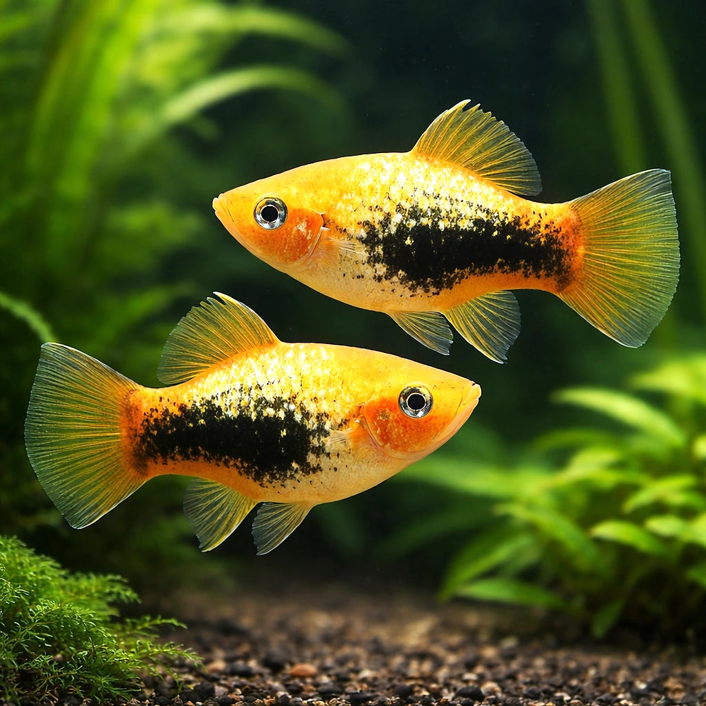 Xiphophorus maculatus yellow tuxedo - Yellow tuxedo — AI pair planted view
