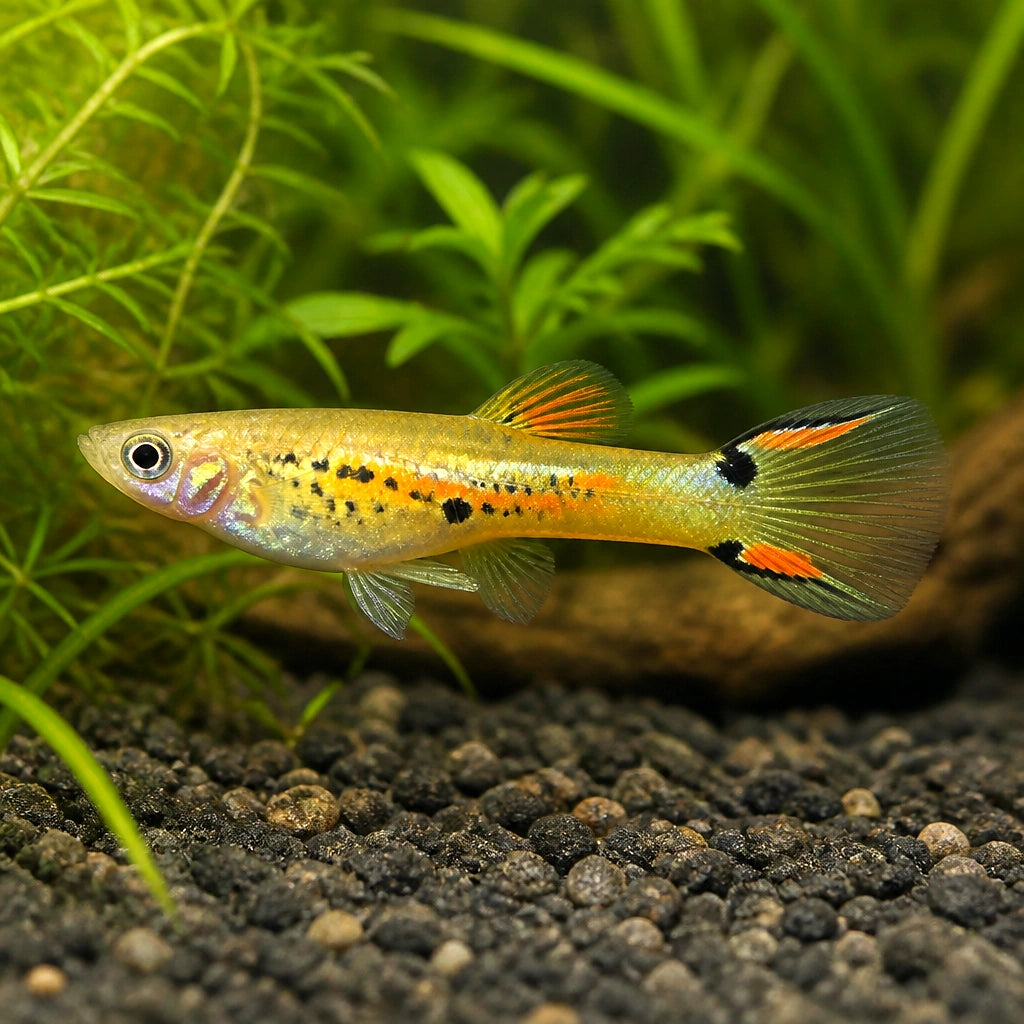 Poecilia endler male golden — tropical fish for sale UK — AI natural aquarium view