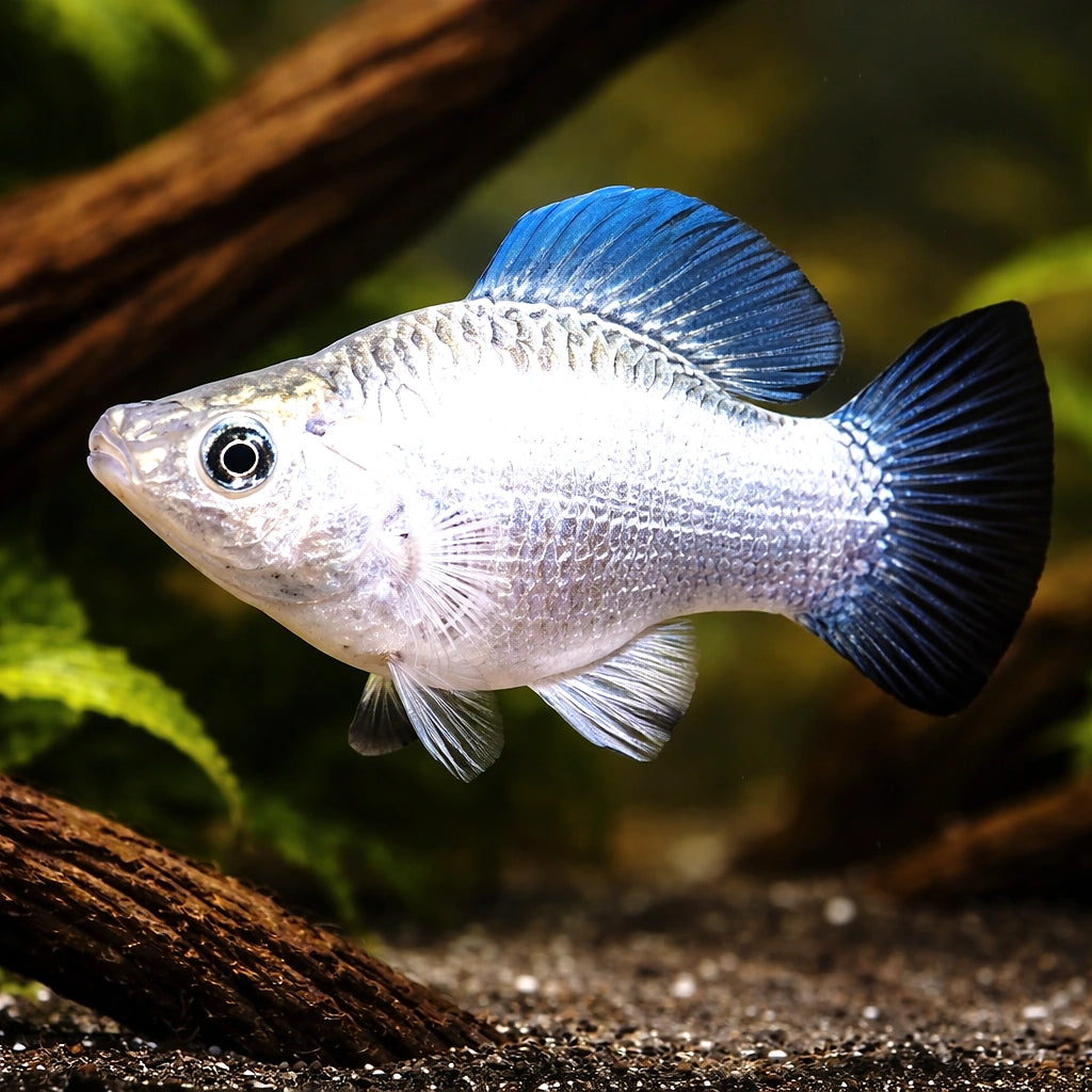 Poecilia Latipinna Ballon Molly Silver for UK Aquarists — tropical fish for sale UK — AI hero driftwood view
