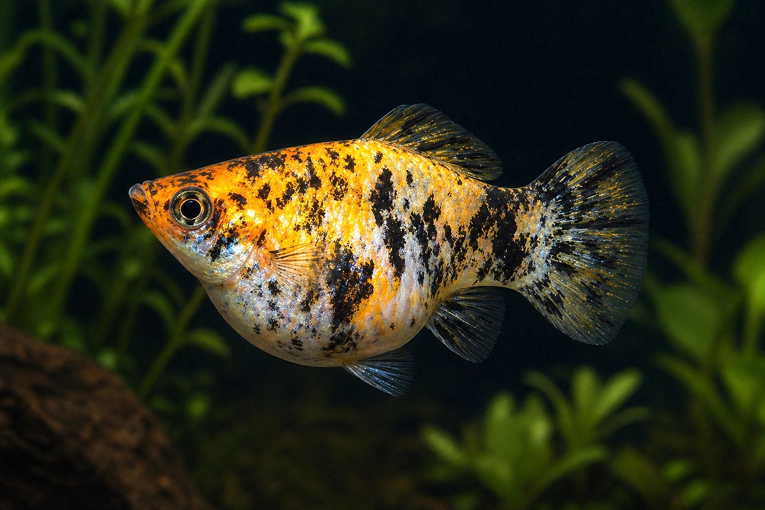Balloon Calico Golden Molly (Poecilia latipinna) in a planted aquarium - AI-generated reference image