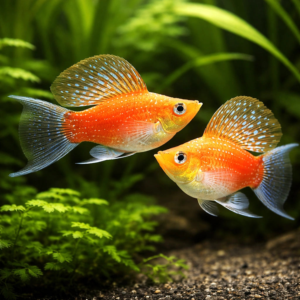 X Poecilia Latipinna / Ballon Molly Mix Tropical Fish Tank, Best Choices for Community Tanks, Offering Graceful Movement and Colorful Displays in Your Home Aquarium, Stunning Colors for Your Aquarium — for sale UK — AI pair planted view