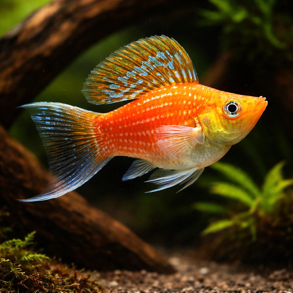 X Poecilia Latipinna / Ballon Molly Mix Tropical Fish Tank, Best Choices for Community Tanks, Offering Graceful Movement and Colorful Displays in Your Home Aquarium, Stunning Colors for Your Aquarium — for sale UK — AI hero driftwood view
