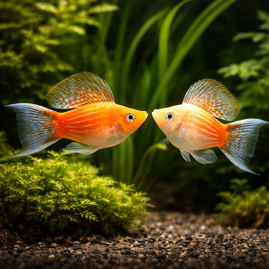X Poecilia Latipinna / Ballon Molly Mix Tropical Fish Tank, Best Choices for Community Tanks, Offering Graceful Movement and Colorful Displays in Your Home Aquarium, Stunning Colors for Your Aquarium — for sale UK — AI pair planted view