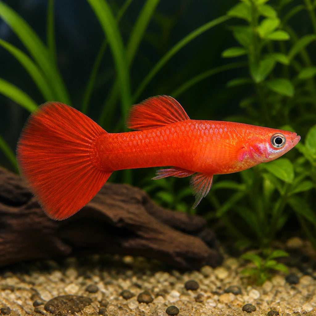 Poecilia ret. male royal red — tropical fish for sale UK — AI natural aquarium view