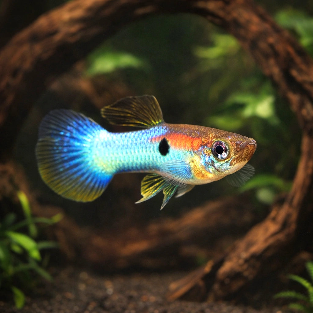 Japan Blue Guppy - Male &amp; Female - Poecilia Reticulata X Wingei - Livebearer — tropical fish for sale UK — AI hero driftwood view