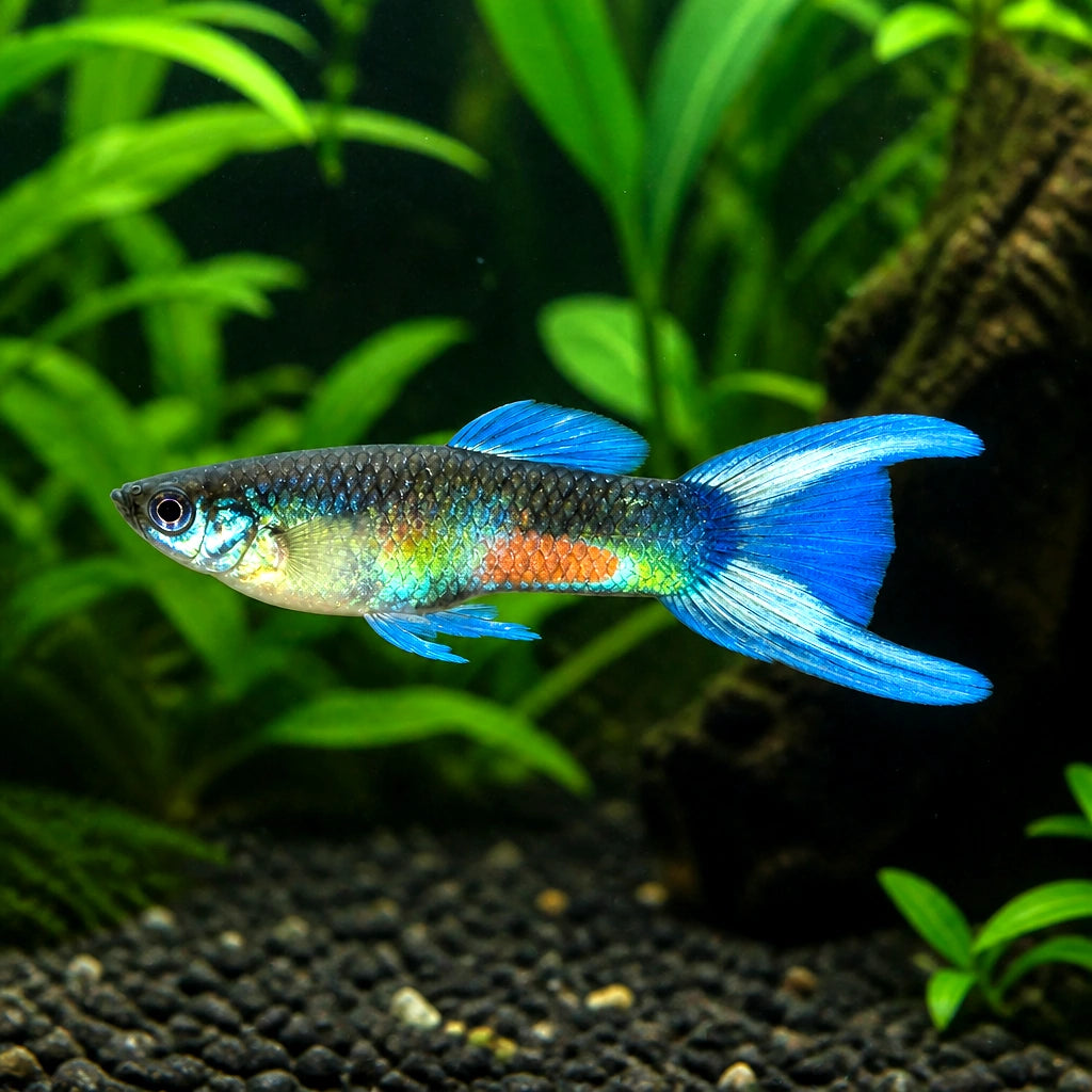 Poecilia reticulata male double sword — tropical fish for sale UK — AI natural aquarium view