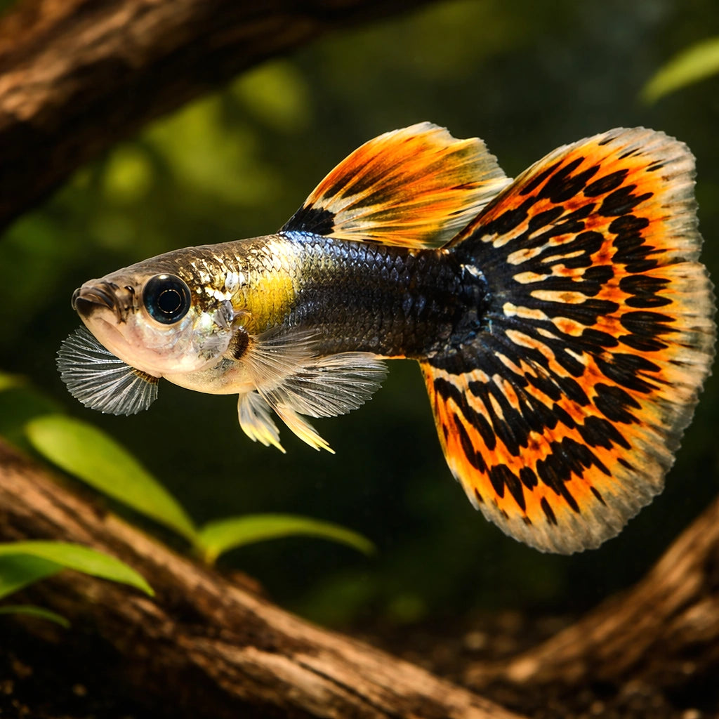 Poecilia Reticulata Male Elephant Ears for UK Aquarists — tropical fish for sale UK — AI hero driftwood view