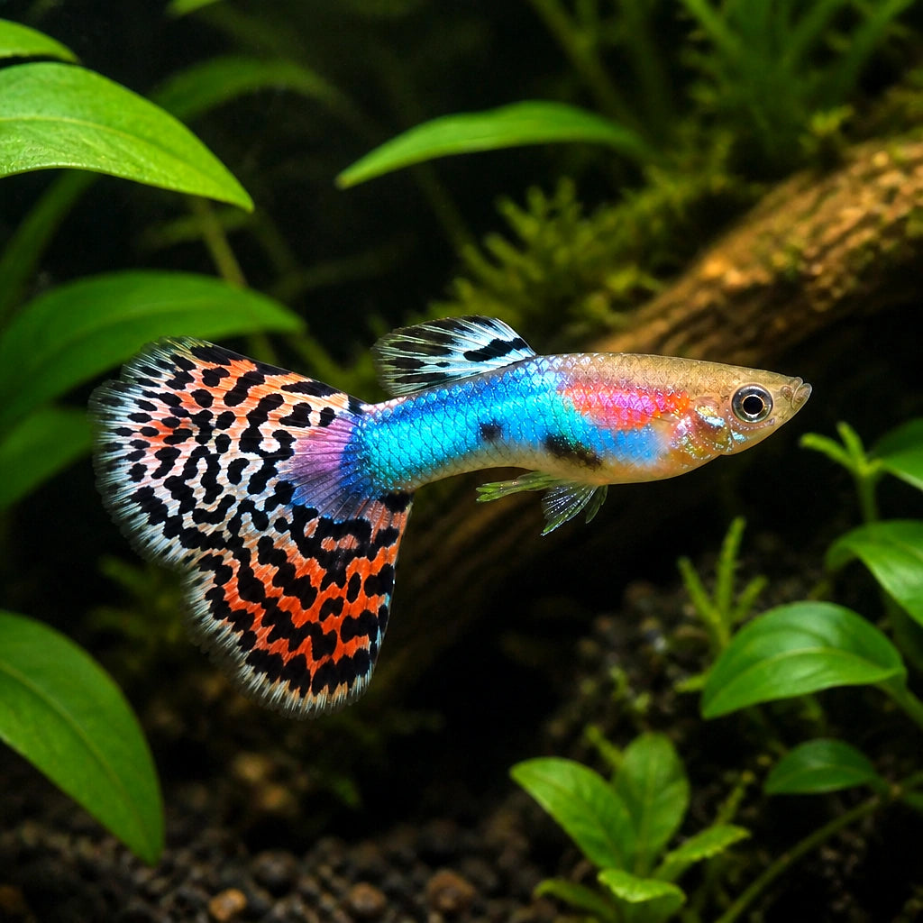 Poecilia reticulata male rainbow — tropical fish for sale UK — AI natural aquarium view
