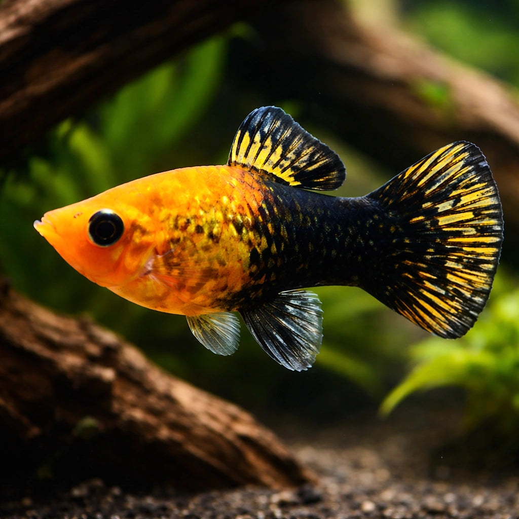 Poecilia Sphenops Gold Black Molly Fish for UK Aquariums — tropical fish for sale UK — AI hero driftwood view