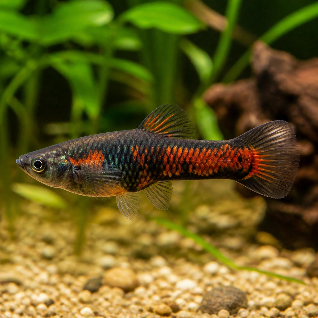 X Black Fire Dwarf Guppy Males - Poecilia Reticulata X Wingei - Livebearer — Endler Guppies for sale UK — AI natural aquarium view