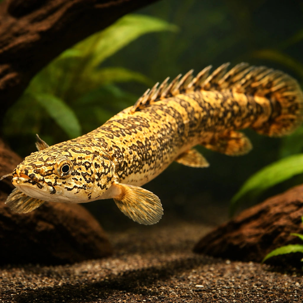 Polypterus ornatipinnis 5 - — tropical fish for sale UK — AI hero driftwood view
