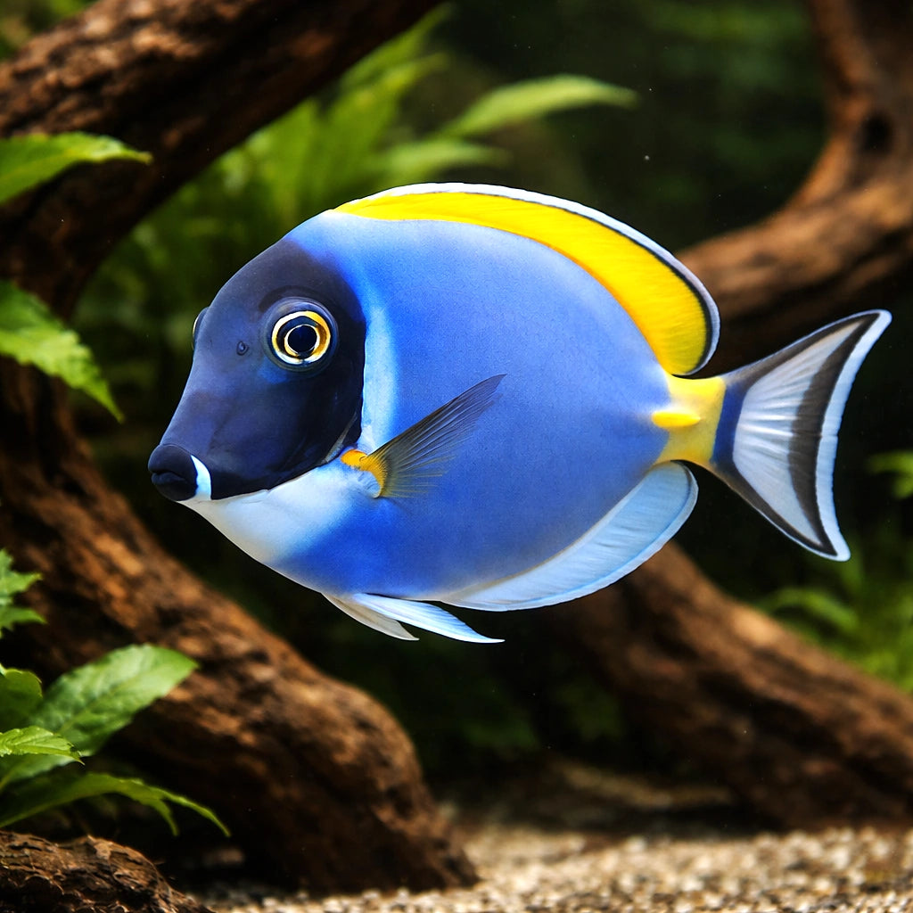 Powderblue Surgeonfish M — tropical fish for sale UK — AI hero driftwood view