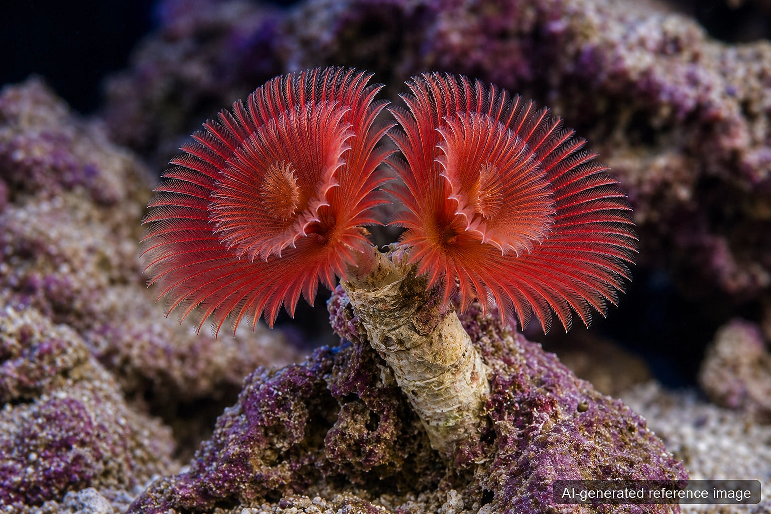 Protula bispiralis Red Feather Duster Worm with red spiral crowns on reef rock - AI-generated reference image
