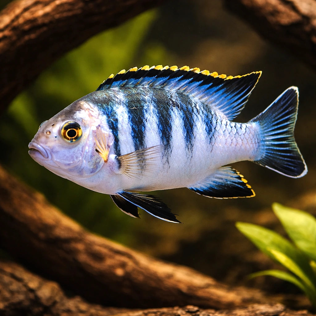 Pseudotropheops tropheops red fin XL — tropical fish for sale UK — AI hero driftwood view
