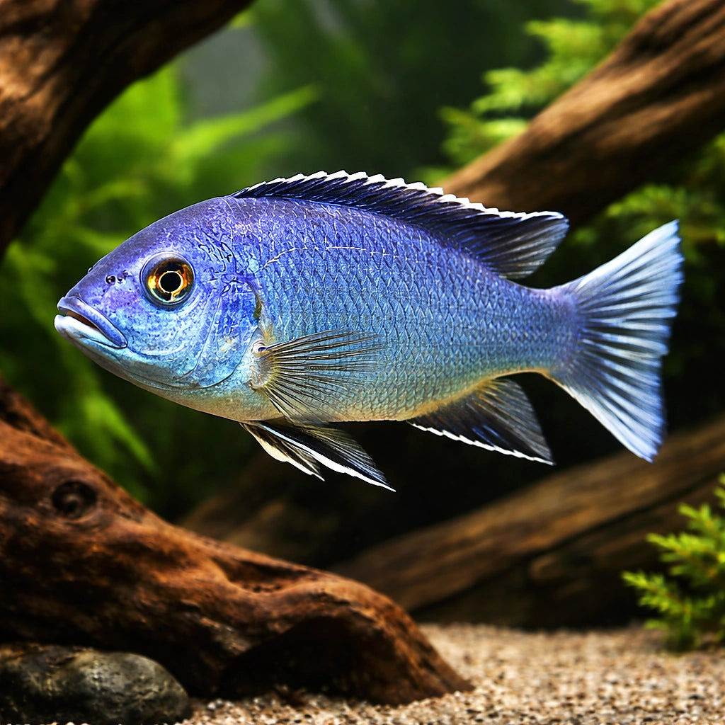 White Tail Acei Cichlid — 3-5cm Juvenile (Pseudotropheus acei) — AI hero driftwood view