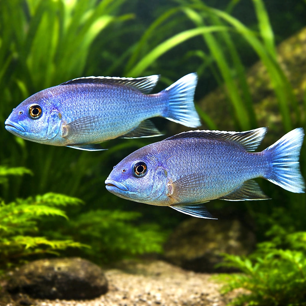 White Tail Acei Cichlid — 3-5cm Juvenile (Pseudotropheus acei) — AI pair planted view
