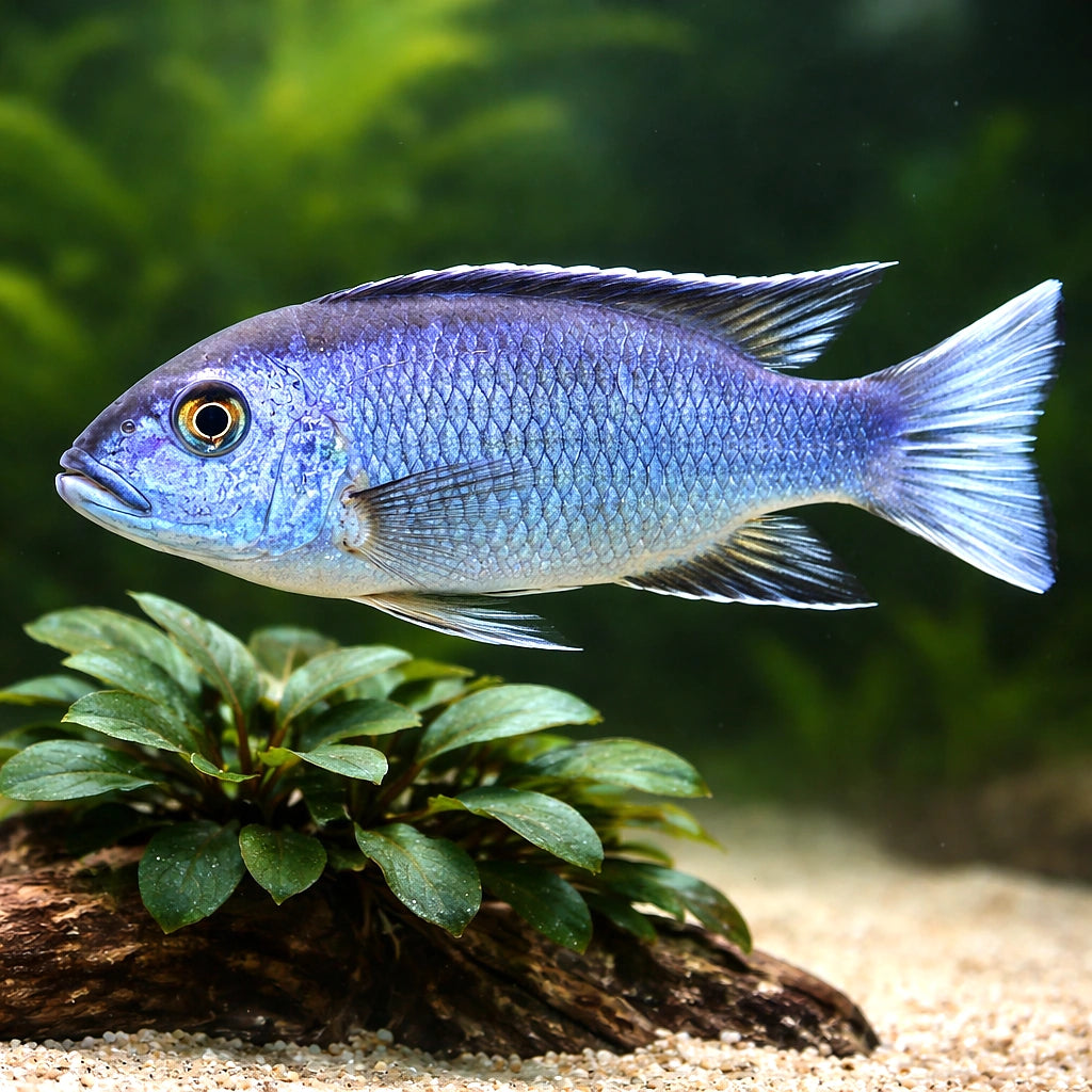 White Tail Acei Cichlid — 3-5cm Juvenile (Pseudotropheus acei) — AI scale plant view