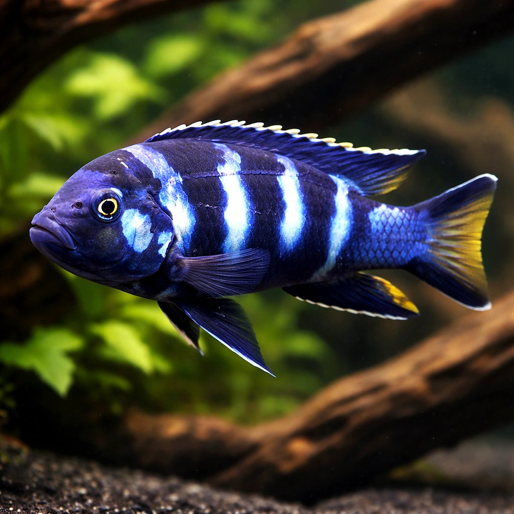 Pseudotropheus elongatus chewere 4 - — tropical fish for sale UK — AI hero driftwood view