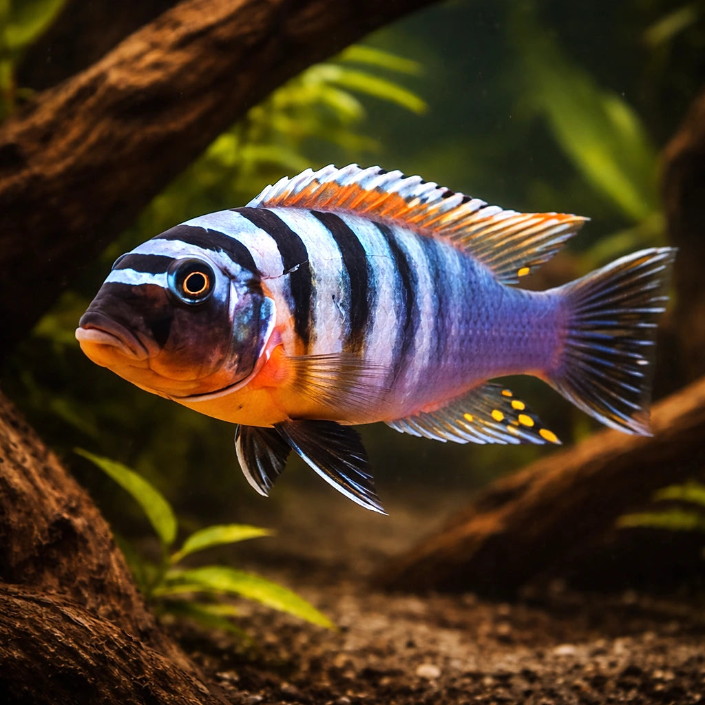 Pseudotropheus feinzilbergi red dorsal 4 - — tropical fish for sale UK — AI hero driftwood view