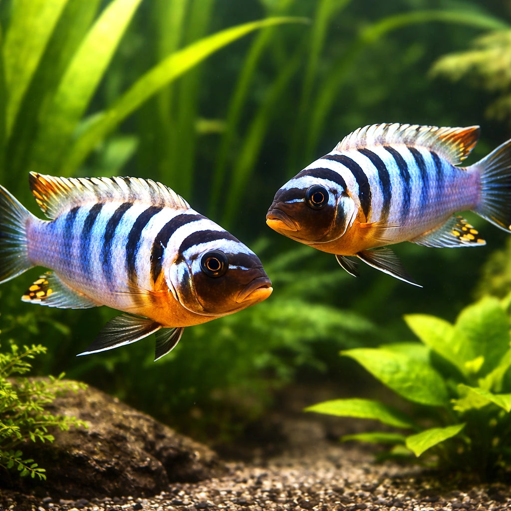 Pseudotropheus feinzilbergi red dorsal 4 - — tropical fish for sale UK — AI pair planted view
