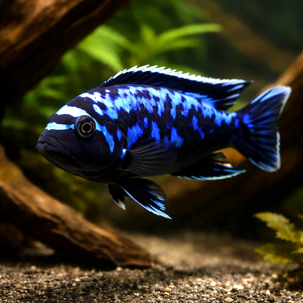 Pseudotropheus sp. msobo 4 - — tropical fish for sale UK — AI hero driftwood view
