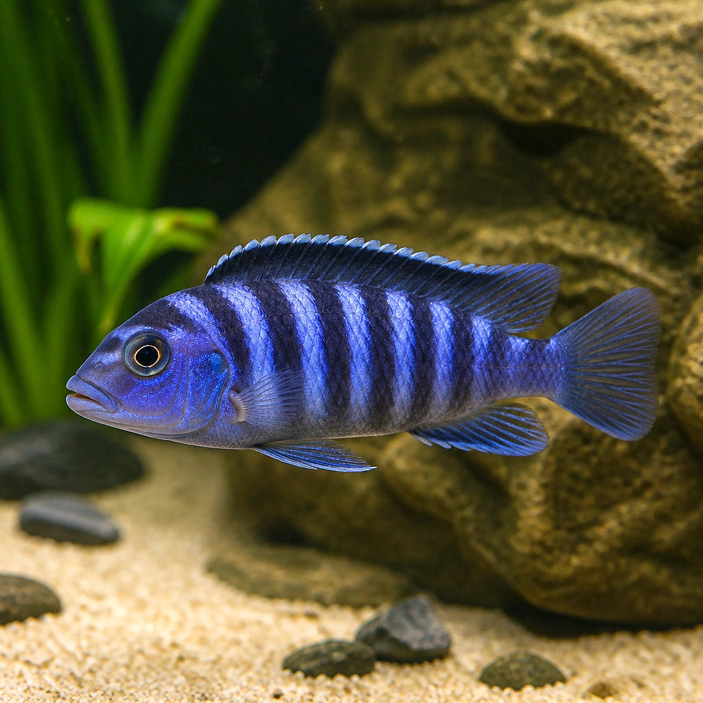 Chilumba Maison Reef Zebra Mbuna Cichlid — Lake Malawi Cichlids for sale UK — AI natural aquarium view
