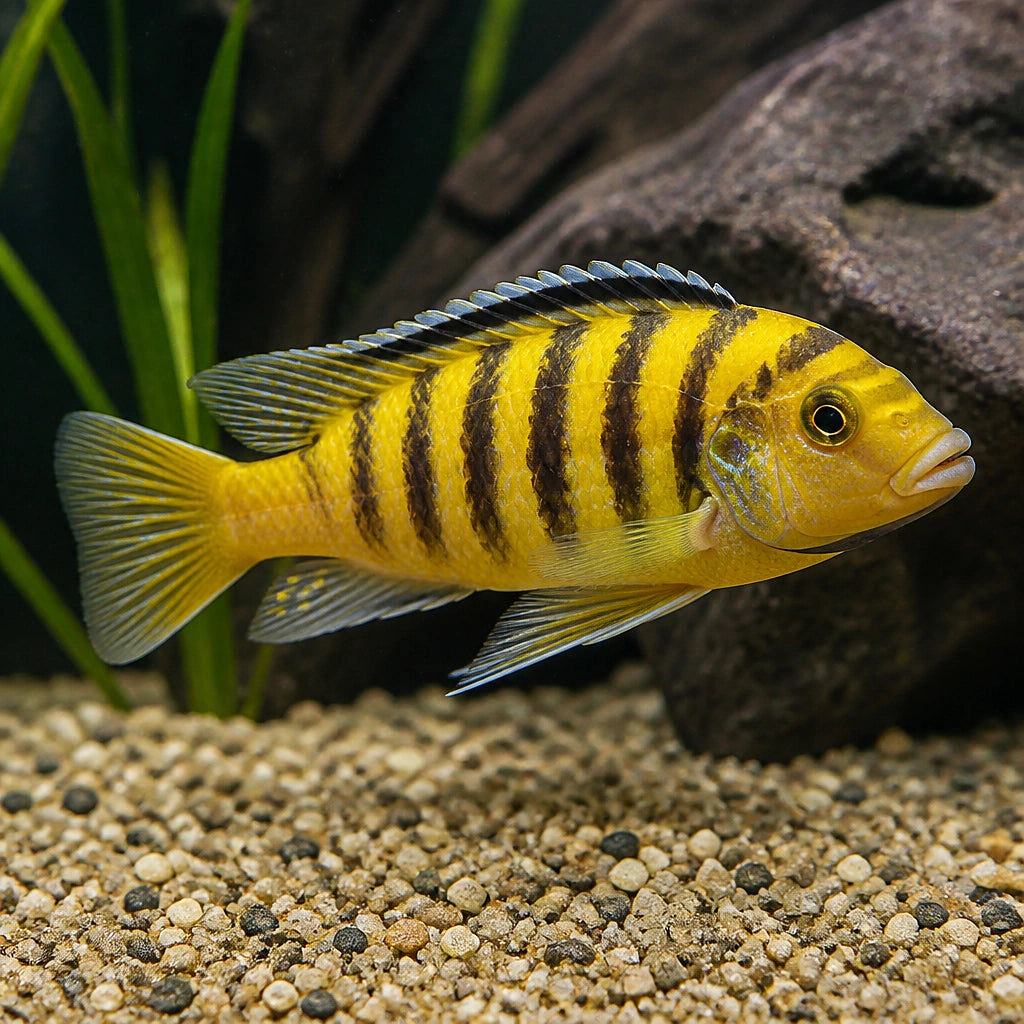 Gold Mundola Point Zebra Mbuna - Maylandia Zebra - Lake Malawi Cichlid — Lake Malawi Cichlids for sale UK — AI natural aquarium view