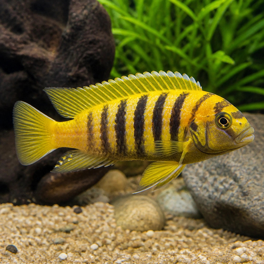 Pseudotropheus zebra Kavanga gold — tropical fish for sale UK — AI natural aquarium view