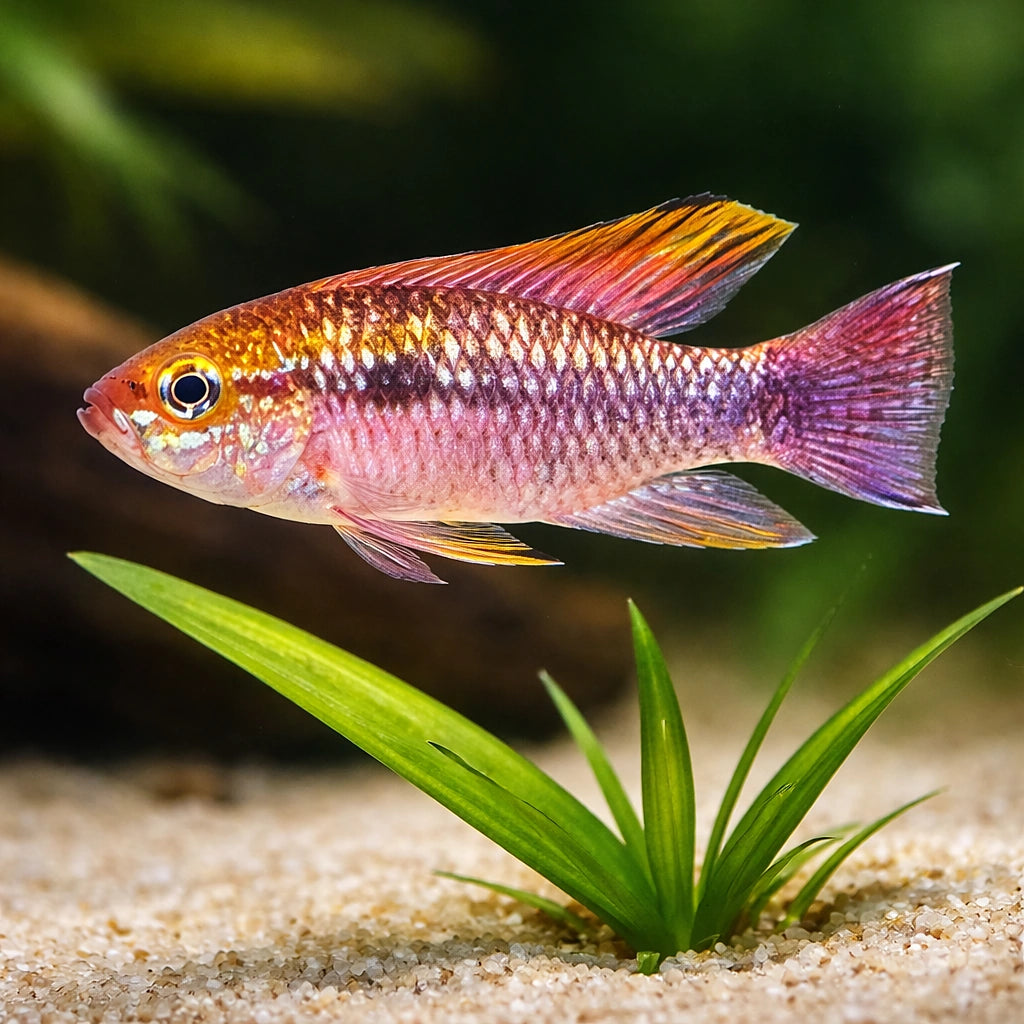 Pulchra Dwarf Cichlid red tail F1 — tropical fish for sale UK — AI scale plant view