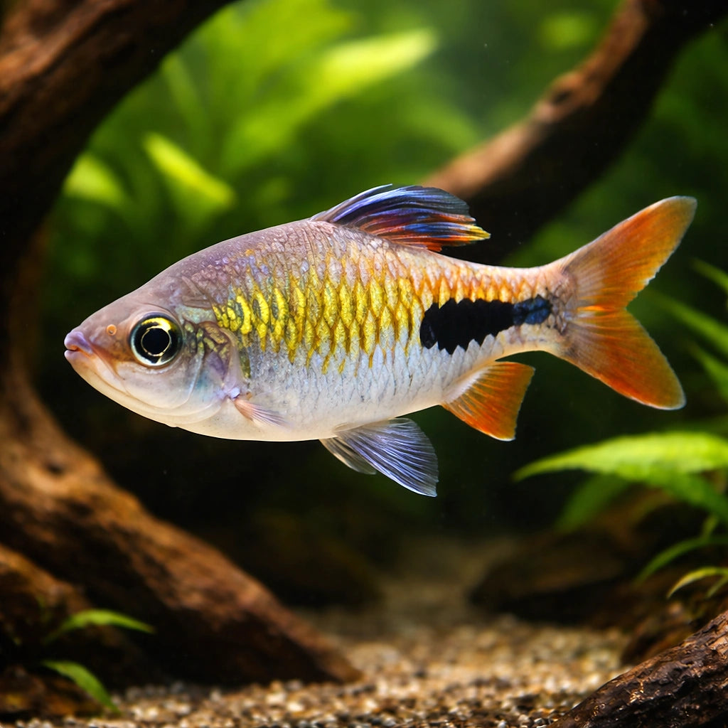 Puntius rohani 1,5 - — tropical fish for sale UK — AI hero driftwood view