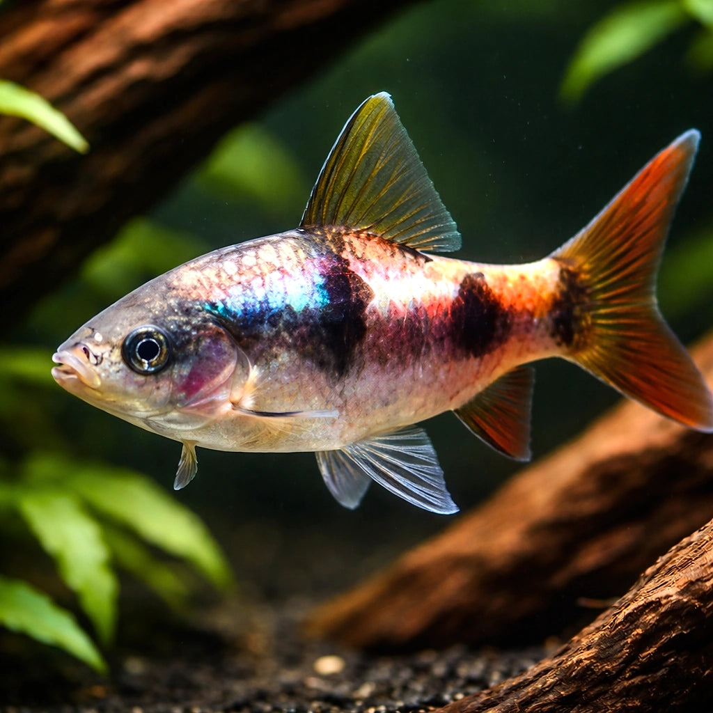 Puntius tambraparniei 3 - — tropical fish for sale UK — AI hero driftwood view