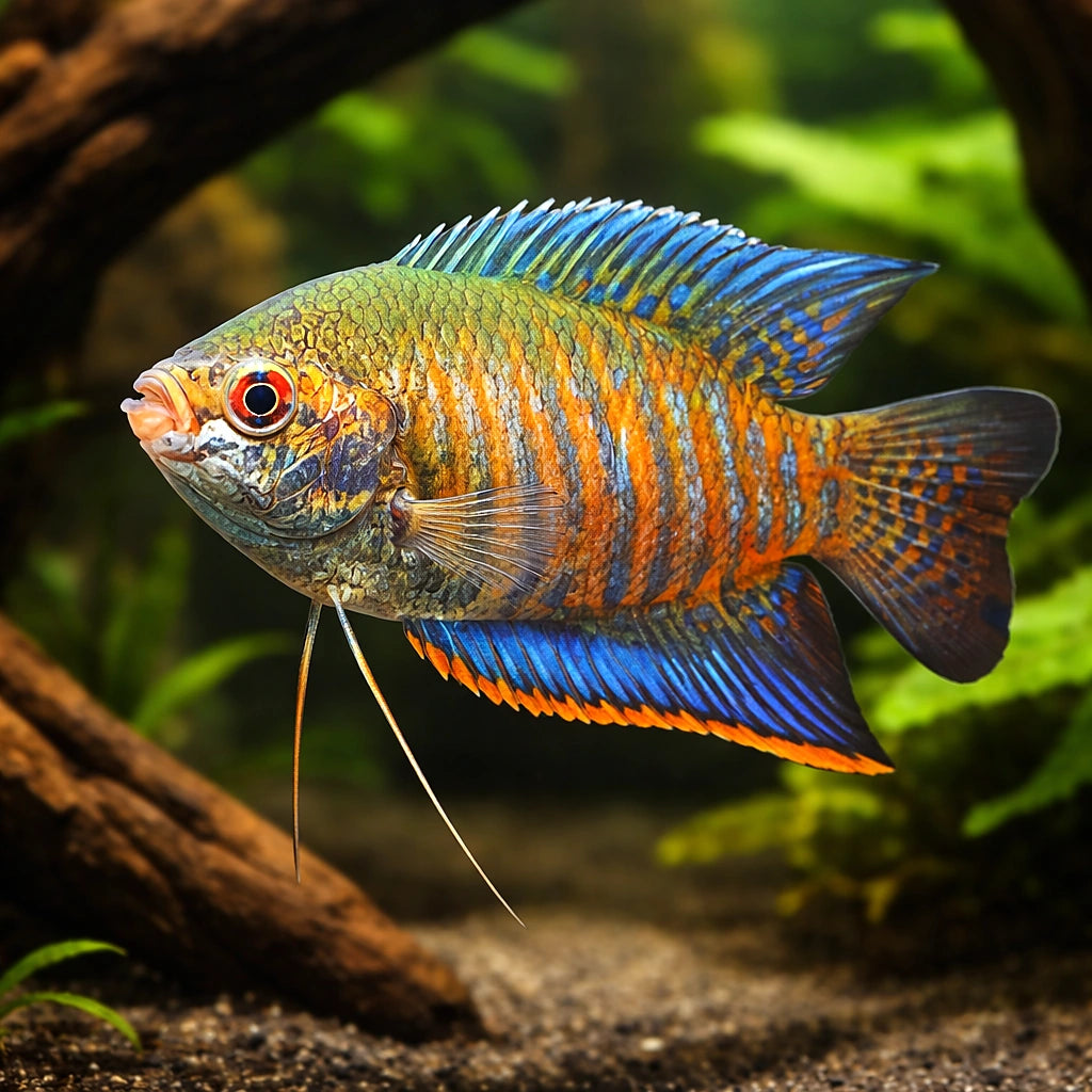 Rainbow Gourami, Indian Gou — tropical fish for sale UK — AI hero driftwood view