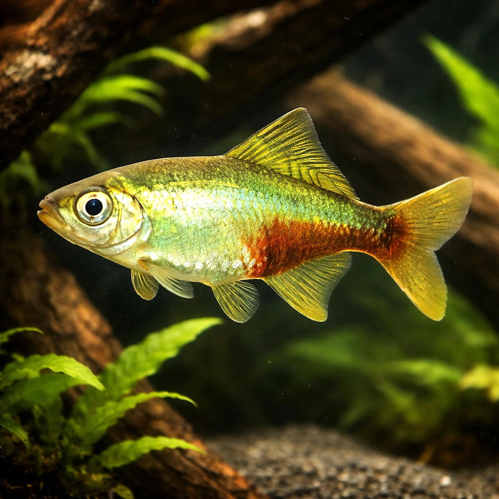Rathbun's Bloodfin — tropical fish for sale UK — AI hero driftwood view