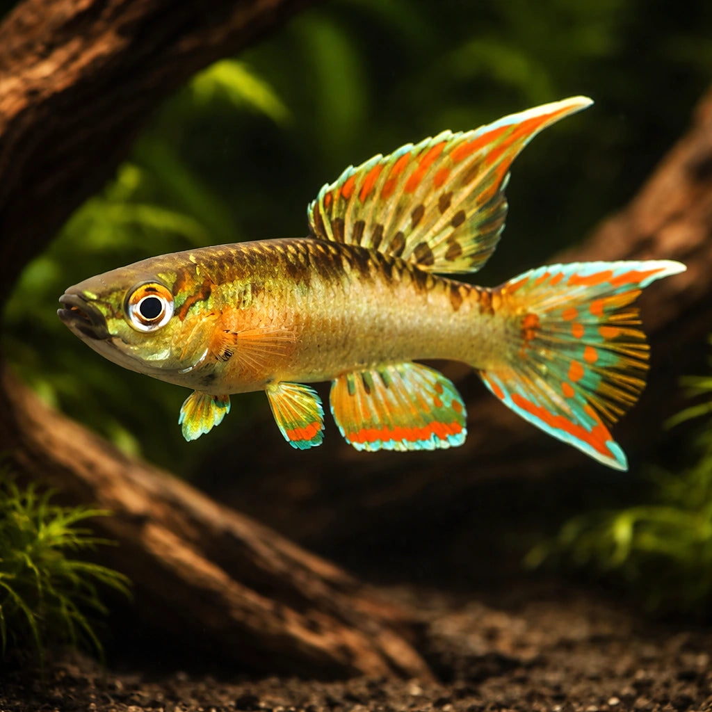 Red Aphyosemion — tropical fish for sale UK — AI hero driftwood view