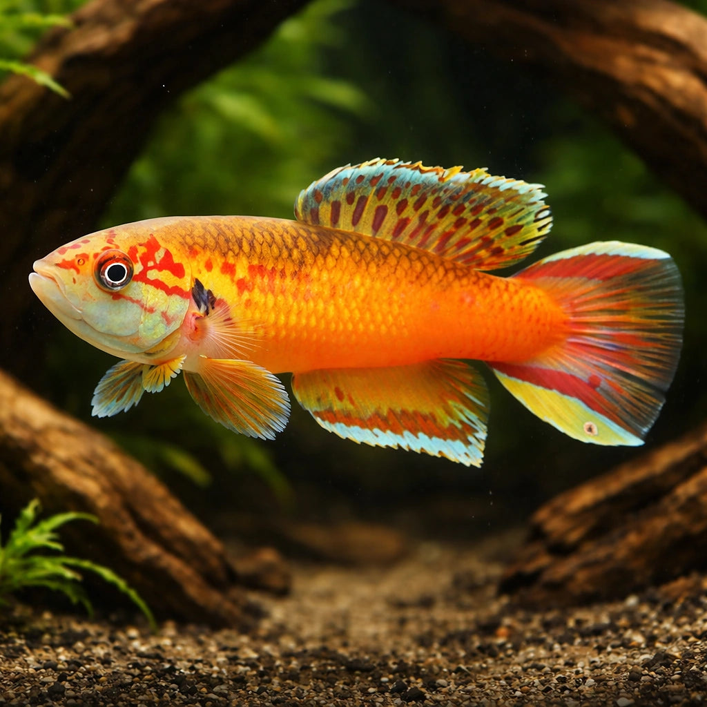 Red Aphyosemion, Golden Phe — tropical fish for sale UK — AI hero driftwood view