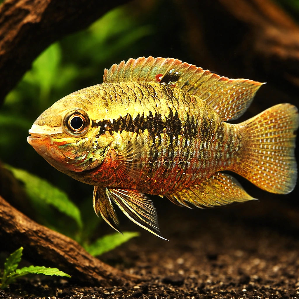 Red Breasted Cichlid, Green — tropical fish for sale UK — AI hero driftwood view