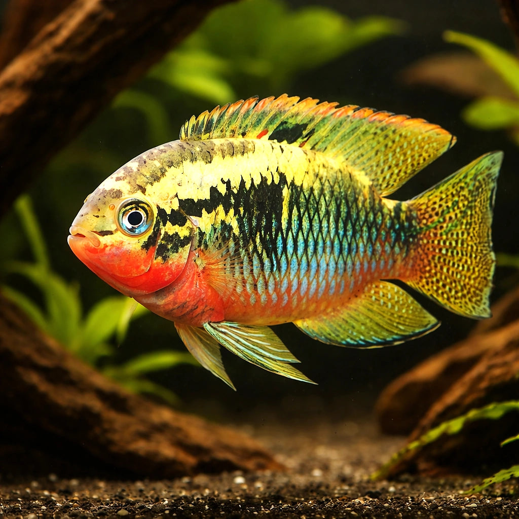Red Breasted Cichlid, Red — tropical fish for sale UK — AI hero driftwood view