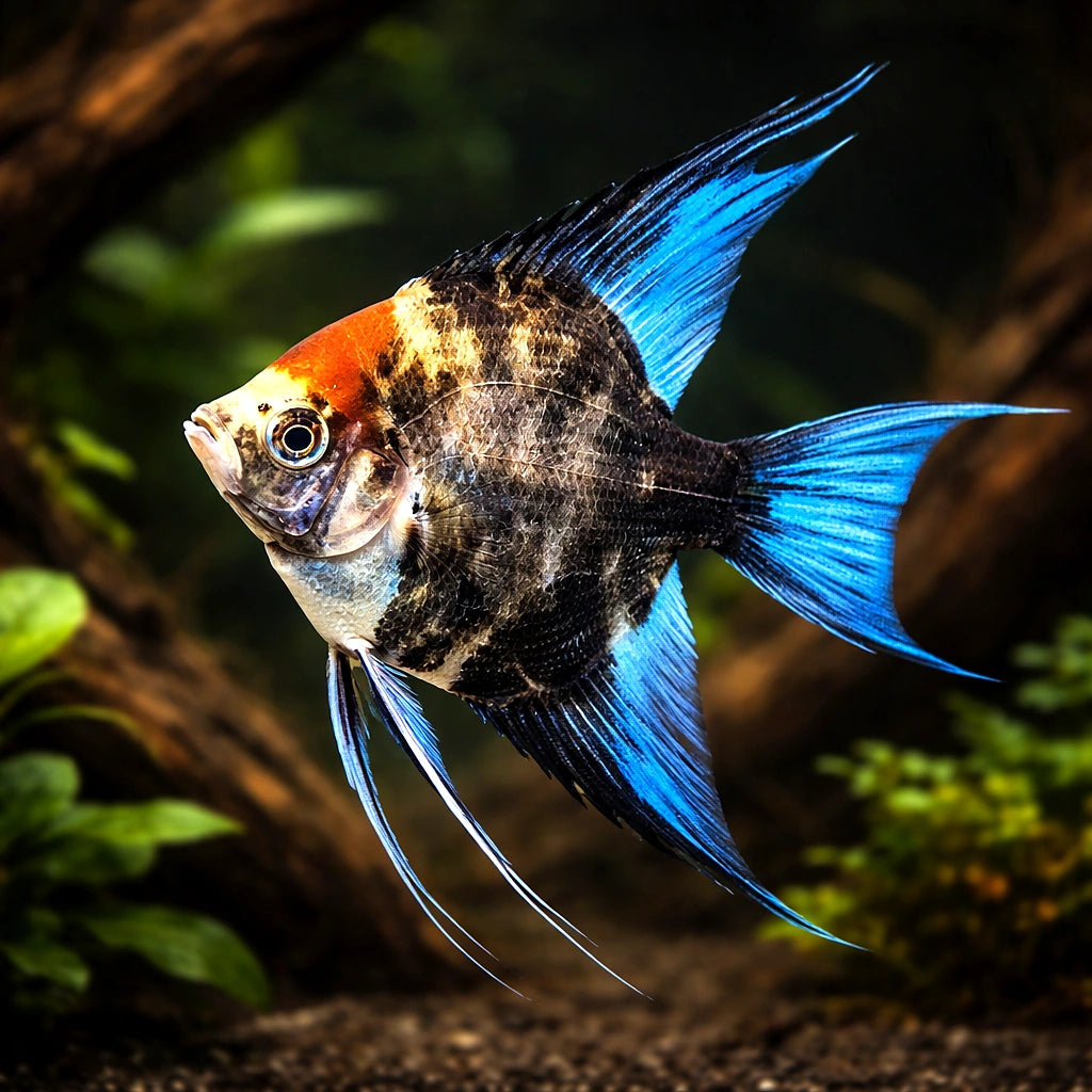 Red Cap Angelfish (Pterophyllum scalare) — AI hero driftwood view