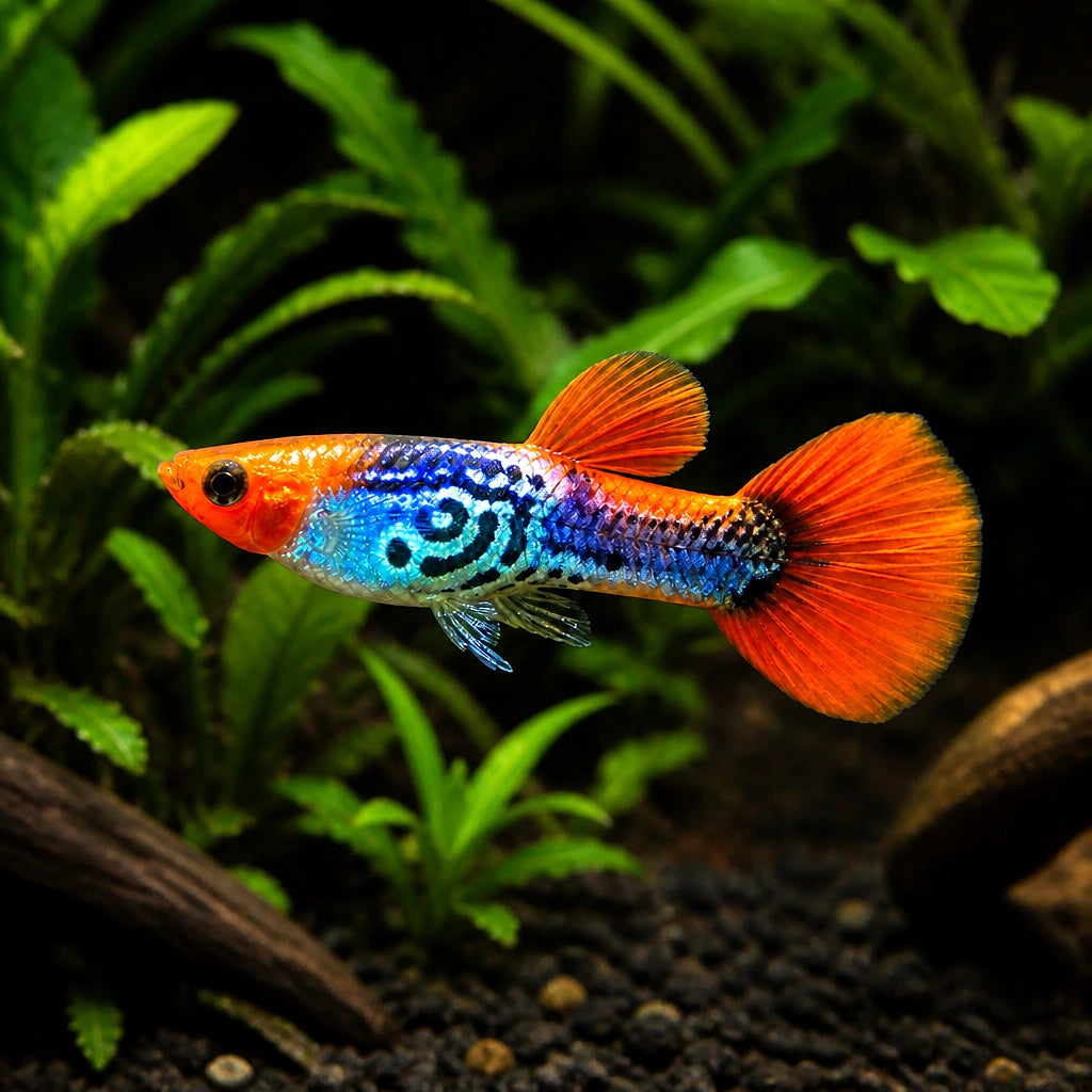 Red Cap Male Guppy — tropical fish for sale UK — AI natural aquarium view