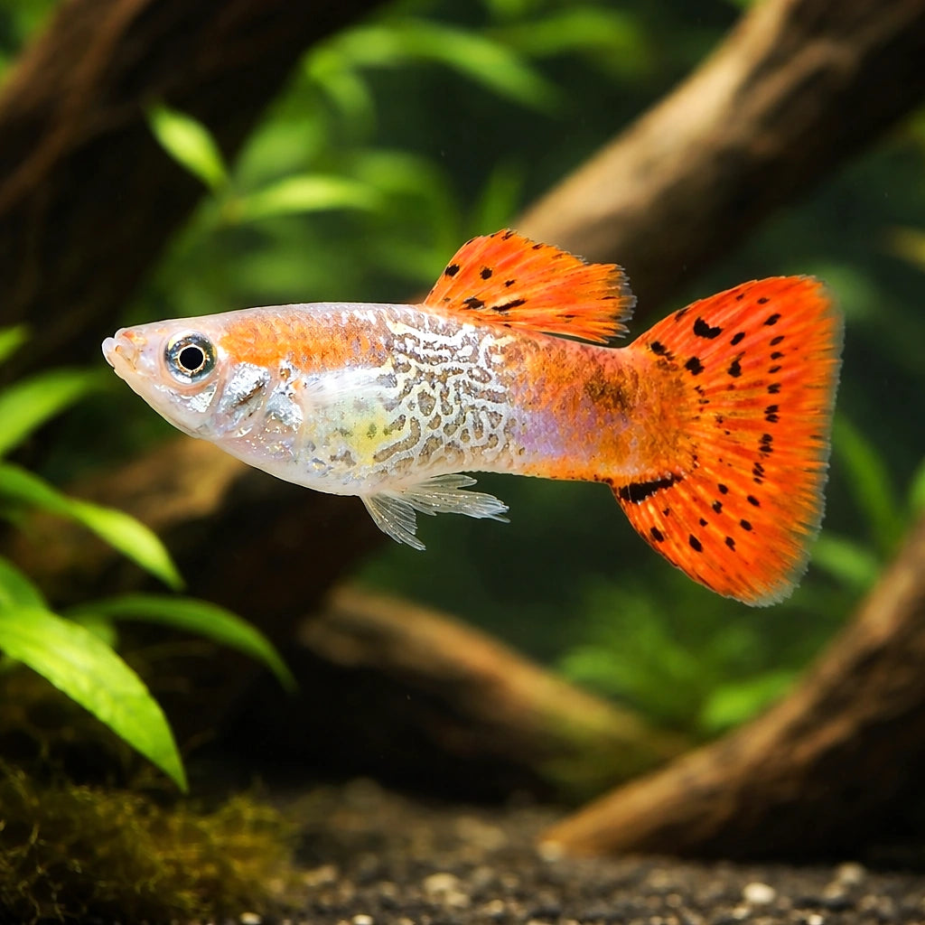 Red Cobra Male Guppy (Poecilia reticulata) — AI hero driftwood view