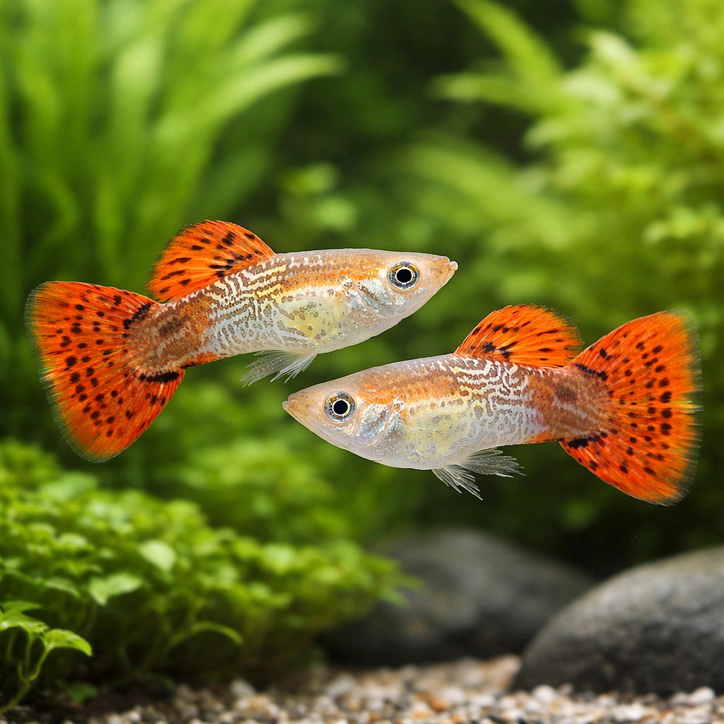 Red Cobra Male Guppy (Poecilia reticulata) — AI pair planted view