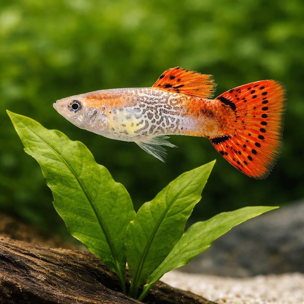 Red Cobra Male Guppy (Poecilia reticulata) — AI scale plant view