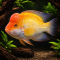 Red Devil Cichid — tropical fish for sale UK — AI hero driftwood view