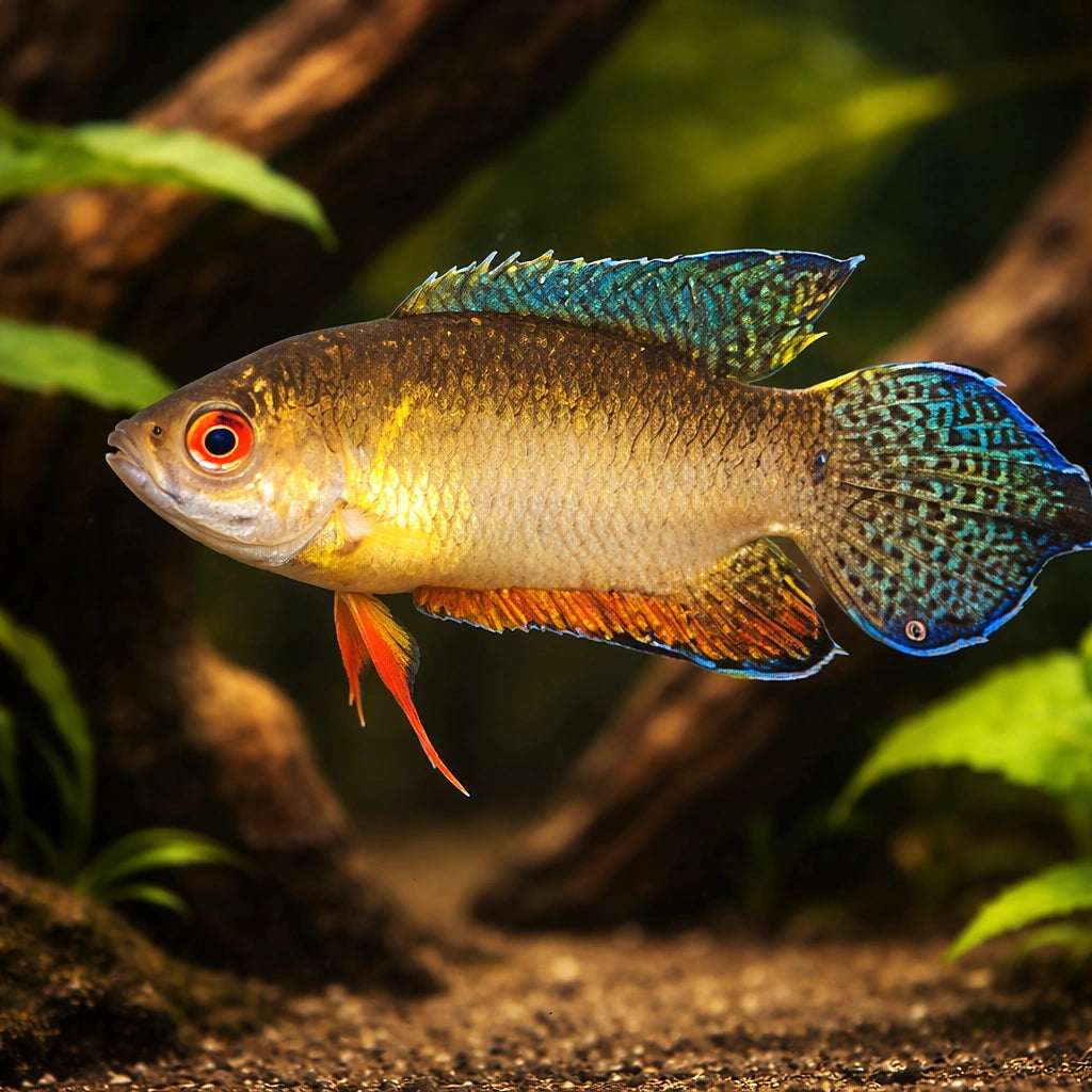 Red Eye Spiketail Paradise Fish — tropical fish for sale UK — AI hero driftwood view