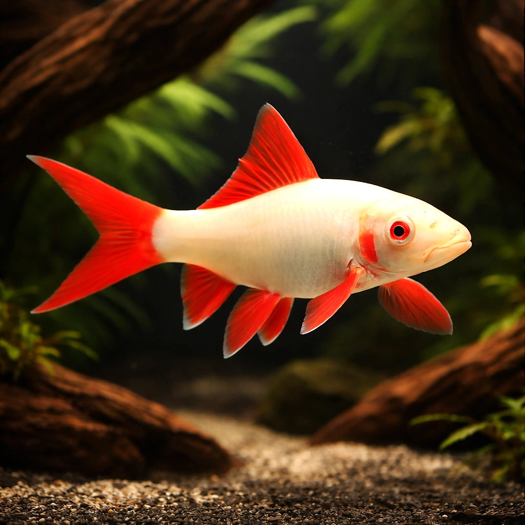 Rainbow Shark — RED FINNED Ruby Shark (Epalzeorhynchos frenatum) - UK — AI hero driftwood view