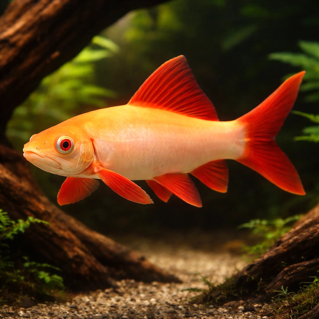 Red-Finned Shark Albin — tropical fish for sale UK — AI hero driftwood view