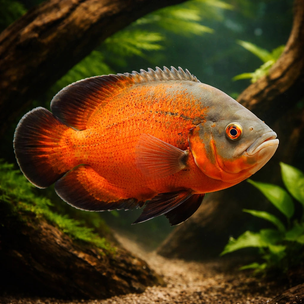 Red Oscar — tropical fish for sale UK — AI hero driftwood view