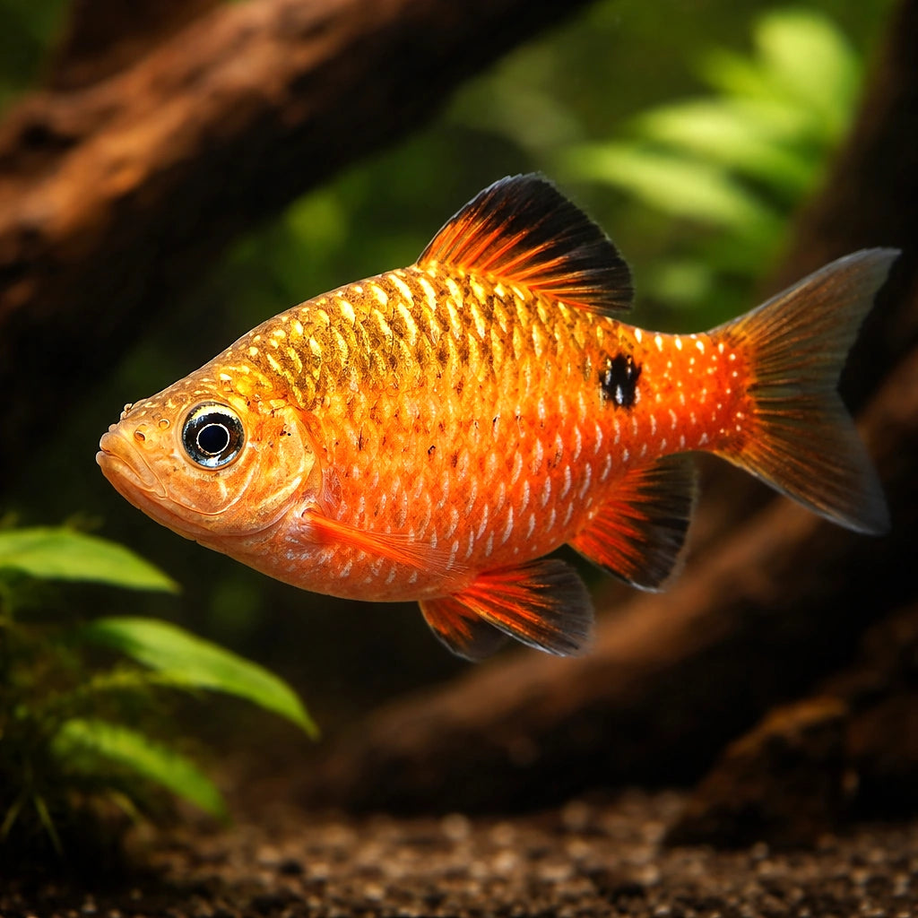 Red Rosy Barb — AI hero driftwood view