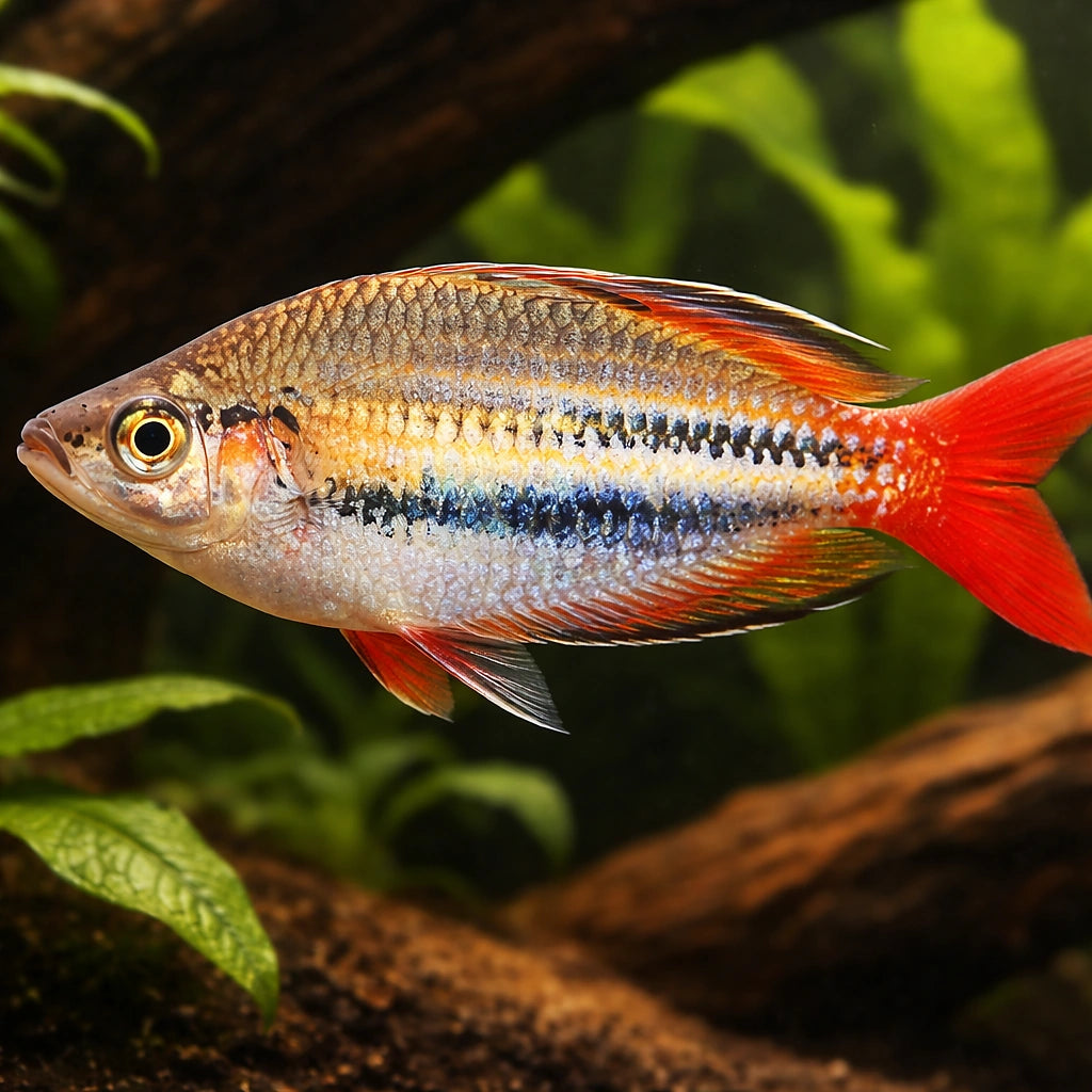 Red-Striped Splendid Rainbow — tropical fish for sale UK — AI hero driftwood view
